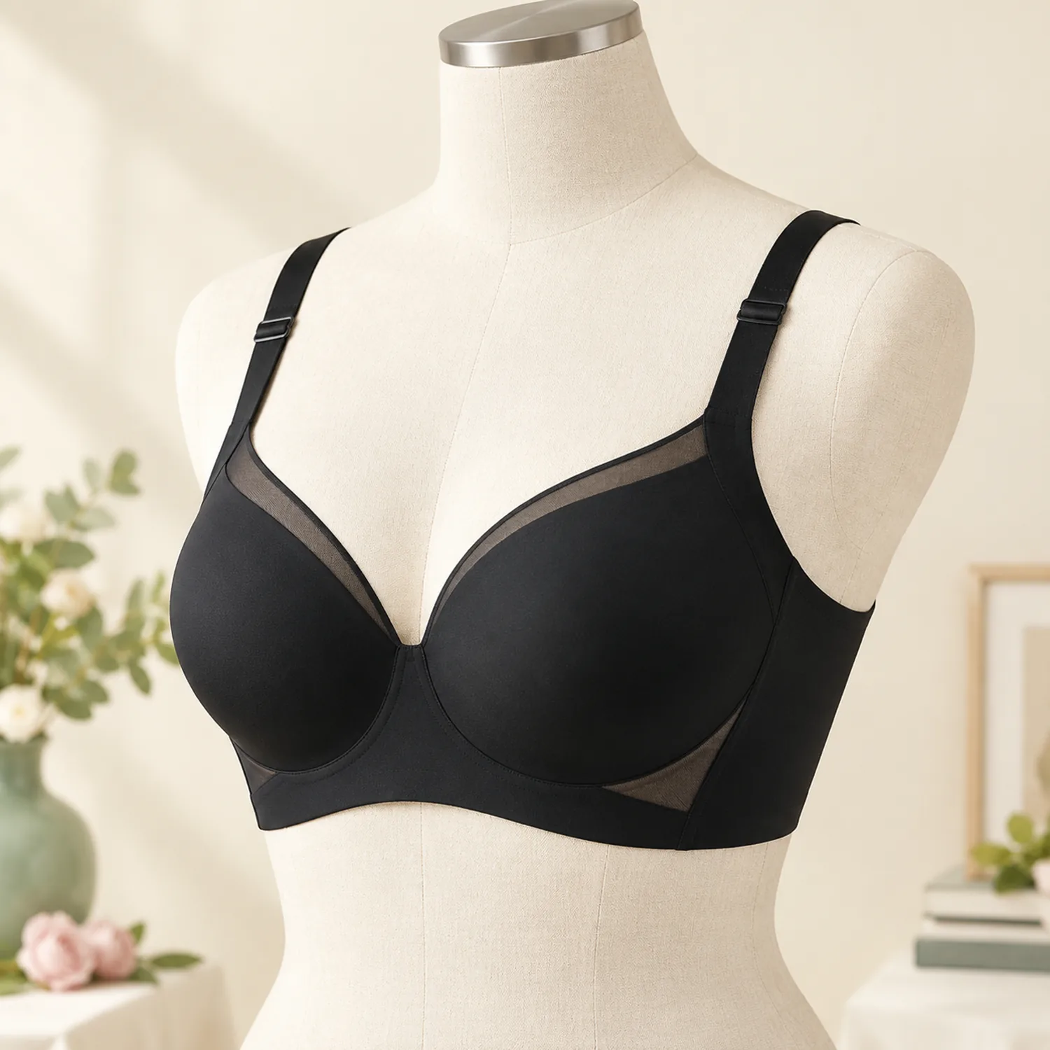 Curvy woman with a fuller bust wearing the black Wireless Lift Bra under an open linen shirt