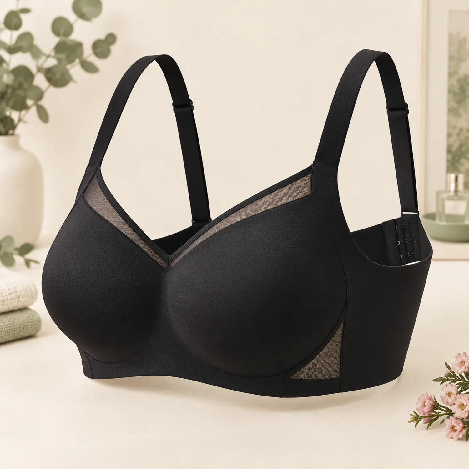 Side view of the black Wireless Lift Bra showing the tall side wing