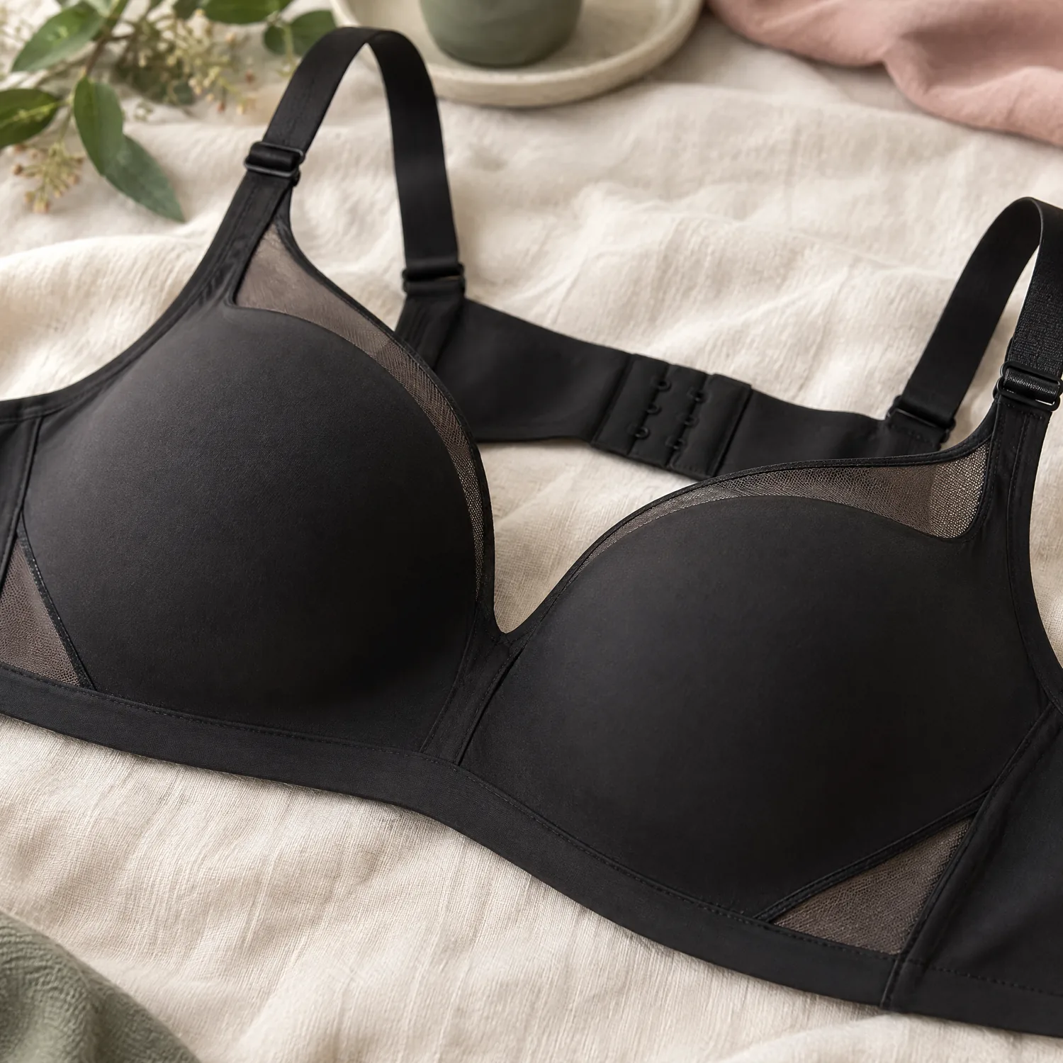 Close-up of the molded cup, mesh trim and strap adjuster