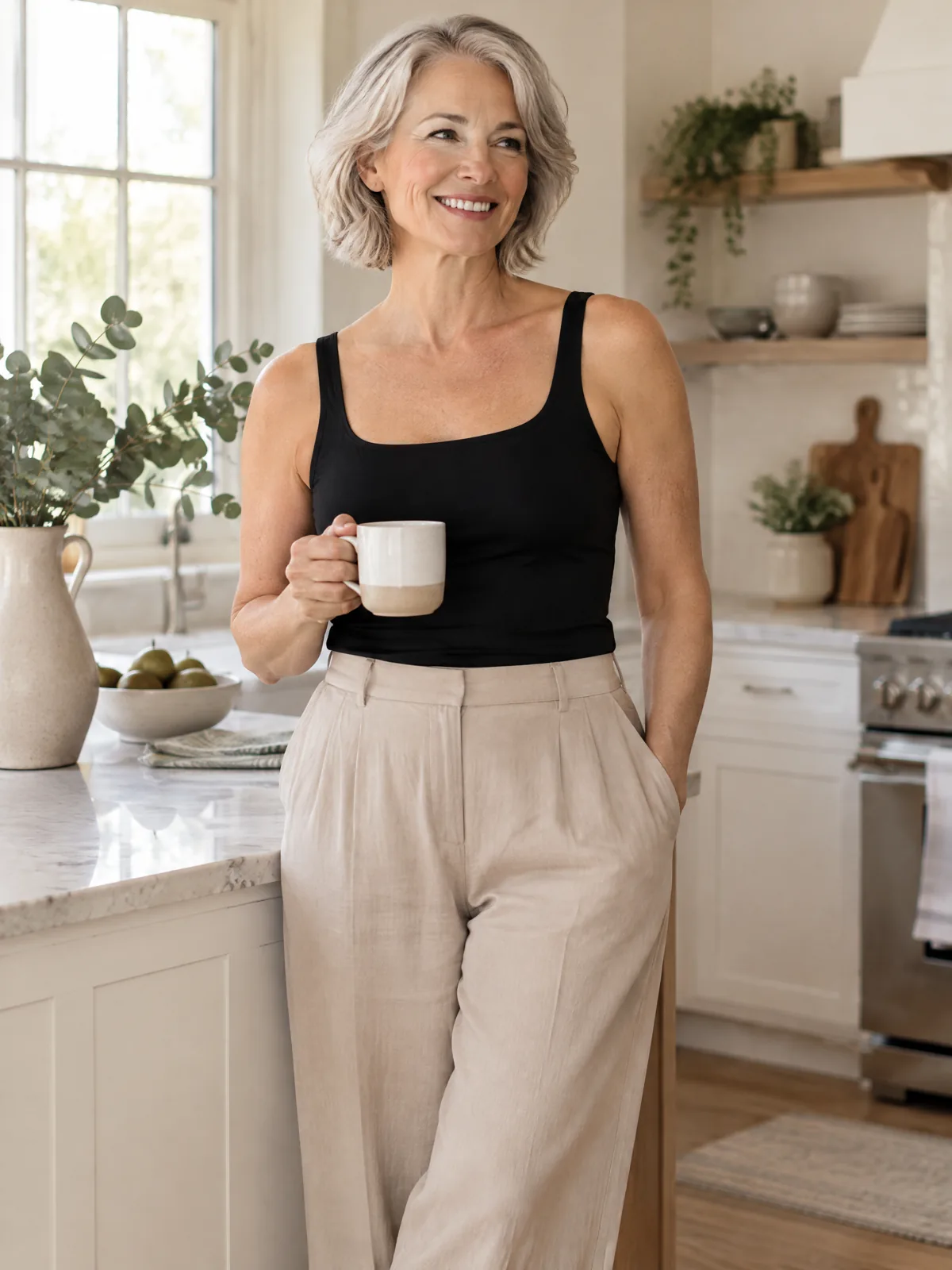 Woman with silver hair in a black Comfort Shaper Tank holding a coffee in a bright kitchen