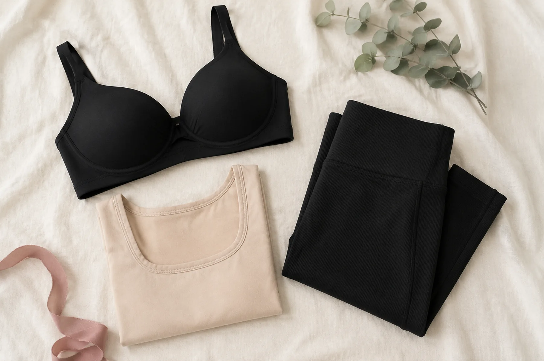 Folded VERDEYE bra, tank and leggings on ivory linen with eucalyptus