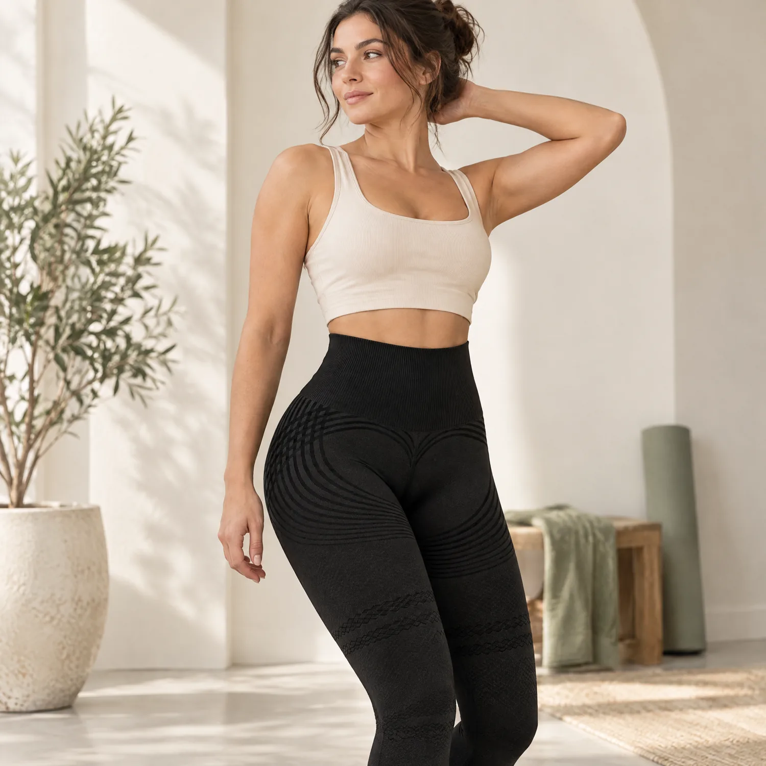 Close-up of the thick high waistband sitting flat at the waist