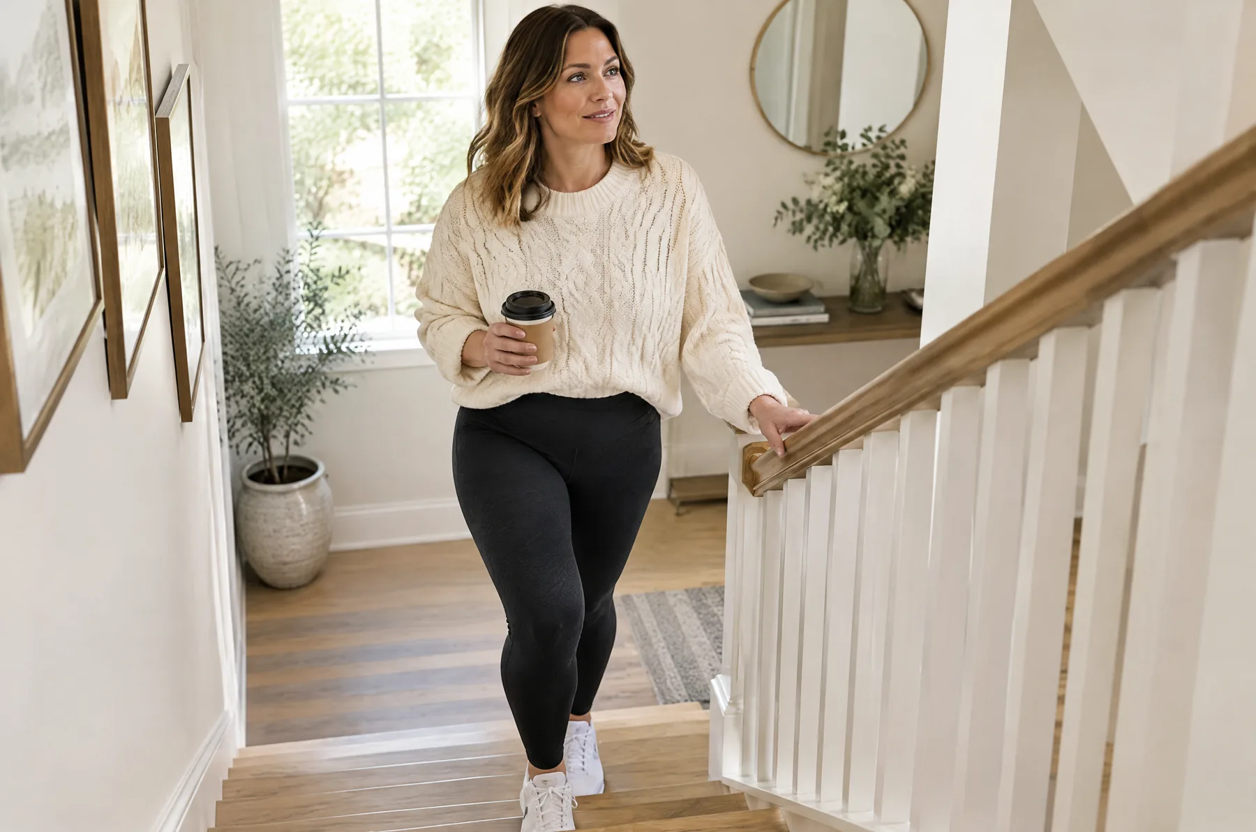 Woman walking up stairs in black leggings and an ivory sweater