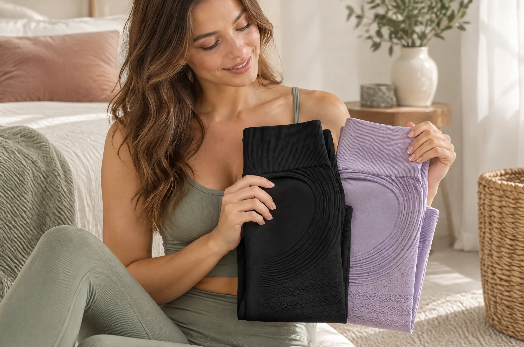 Two folded pairs of leggings in black and lilac