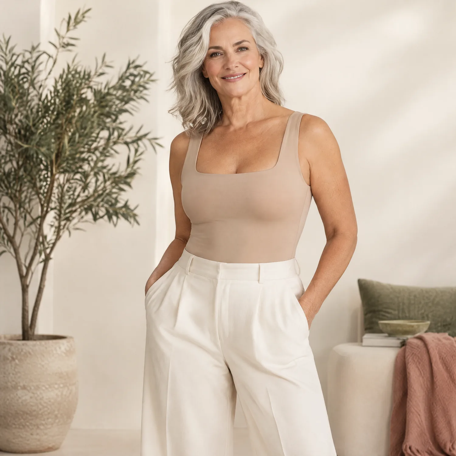 Woman with silver hair wearing the nude Comfort Shaper Tank